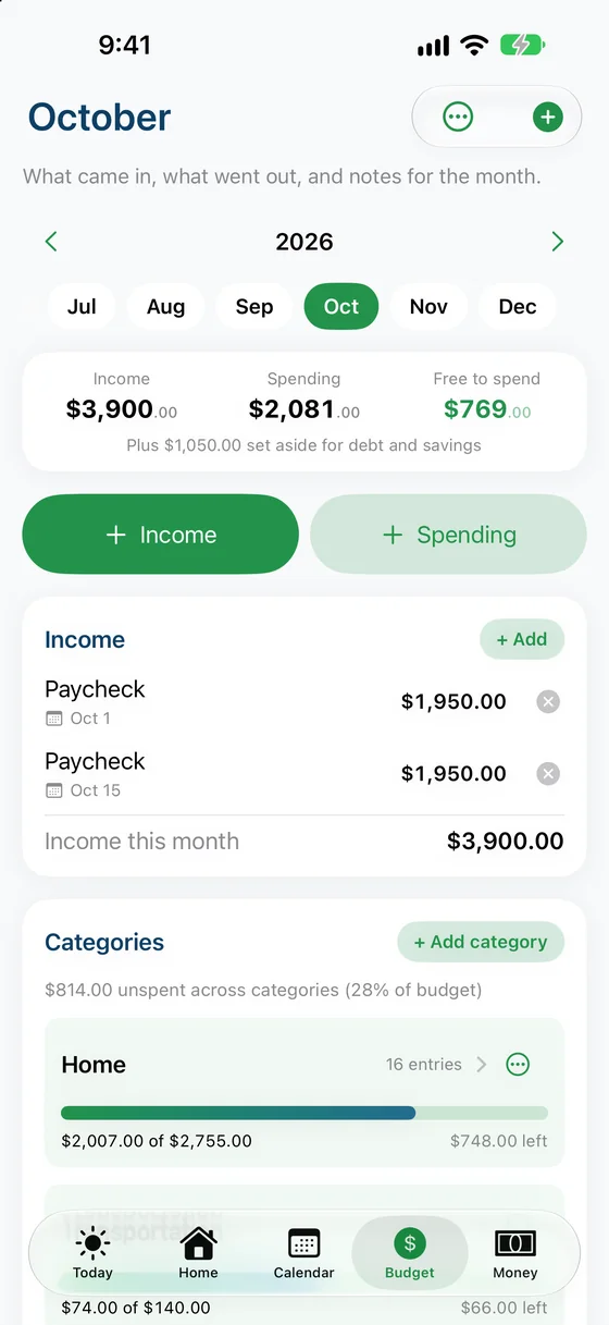 The Budget screen: income for the month and spending grouped into categories with progress bars.